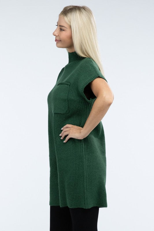 Mock Neck Short Sleeve Sweater Dress with Pocket ZENANA