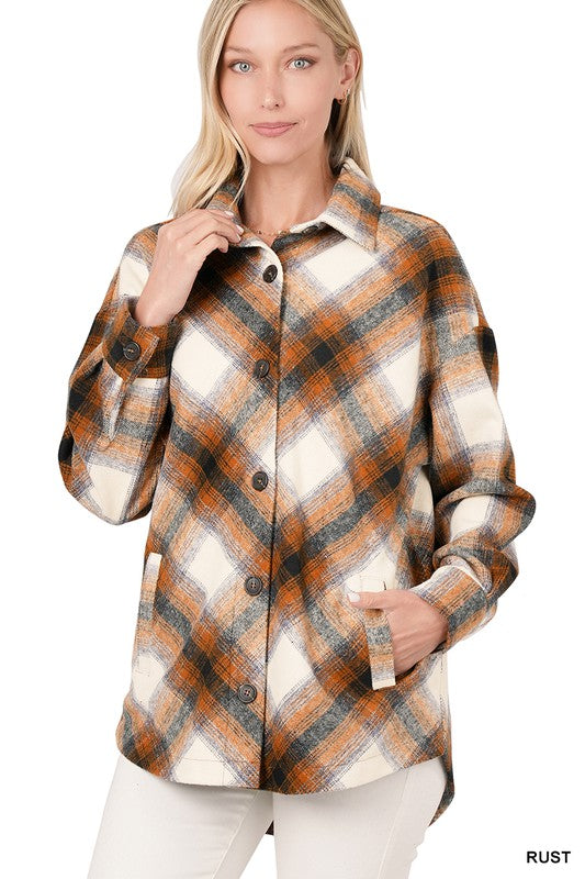 Yarn Dyed Plaid Shacket With Pockets ZENANA