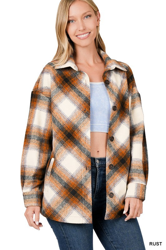 Yarn Dyed Plaid Shacket With Pockets ZENANA