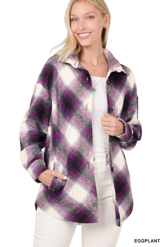 Yarn Dyed Plaid Shacket With Pockets ZENANA