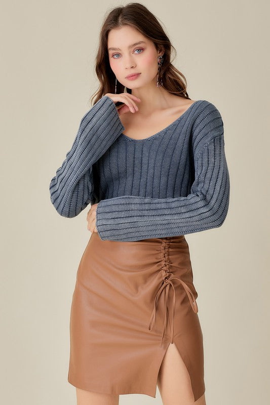 V-Neck Washed Crop Sweater Mustard Seed