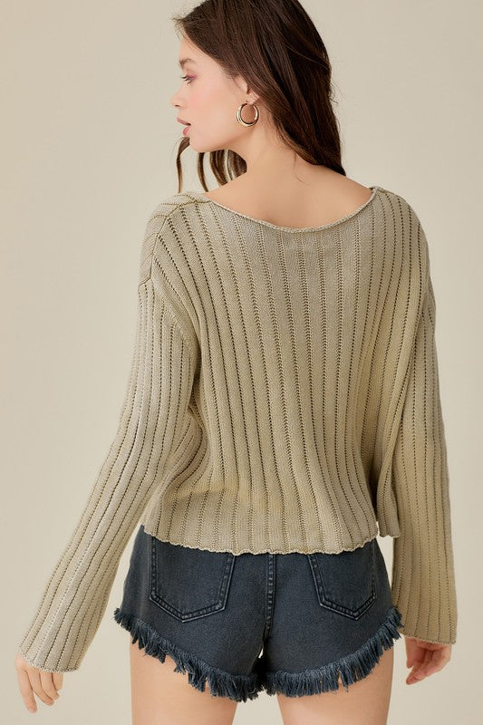 V-Neck Washed Crop Sweater Mustard Seed