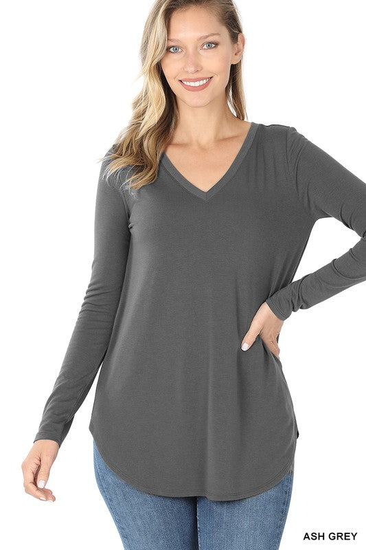 Long Sleeve V-Neck Round Hem Top ZENANA