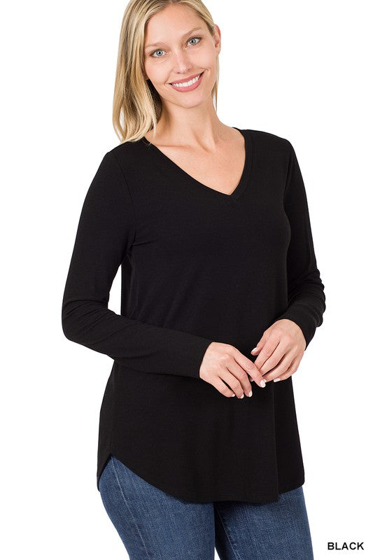 Long Sleeve V-Neck Round Hem Top ZENANA