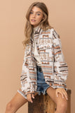 Frayed Aztec Western Shacket Blue B