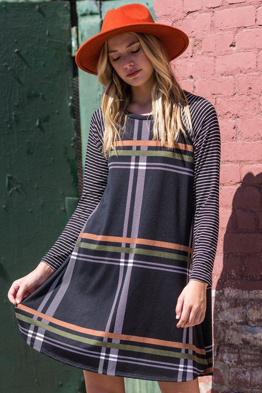 Stripe Sleeve A- Line Mini Dress EG fashion