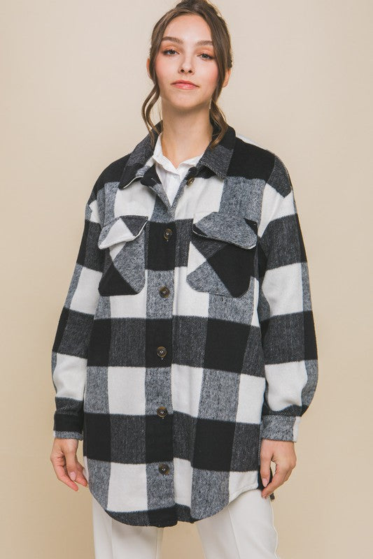 Plaid Bust Pocket Shacket Love Tree