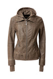 Women's Hood PU Leather Jacket Annva USA