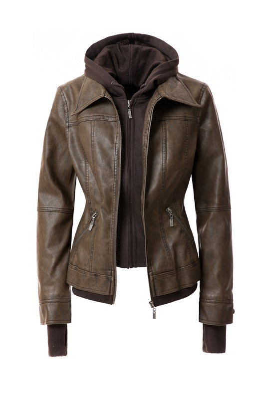 Women's Hood PU Leather Jacket Annva USA