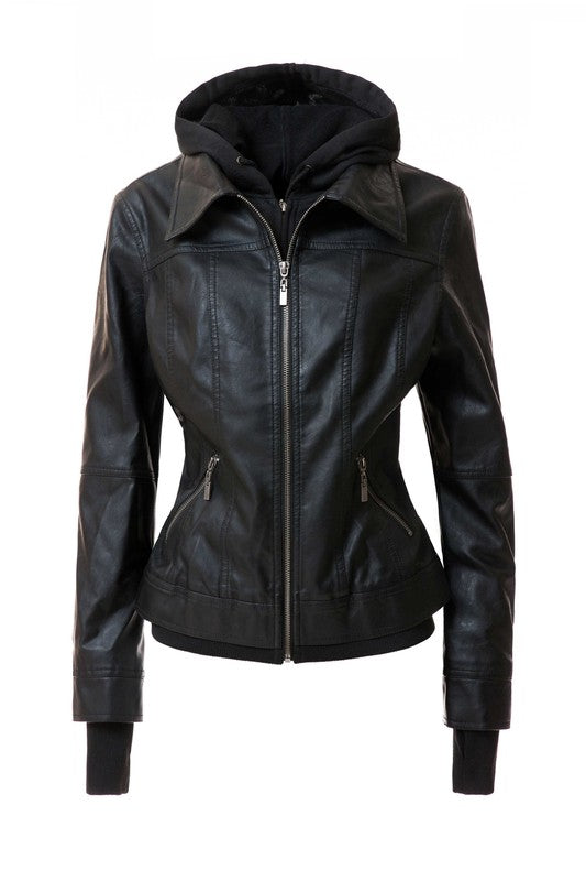 Women's Hood PU Leather Jacket Annva USA