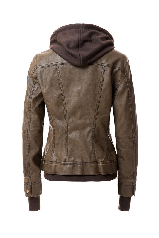 Women's Hood PU Leather Jacket Annva USA