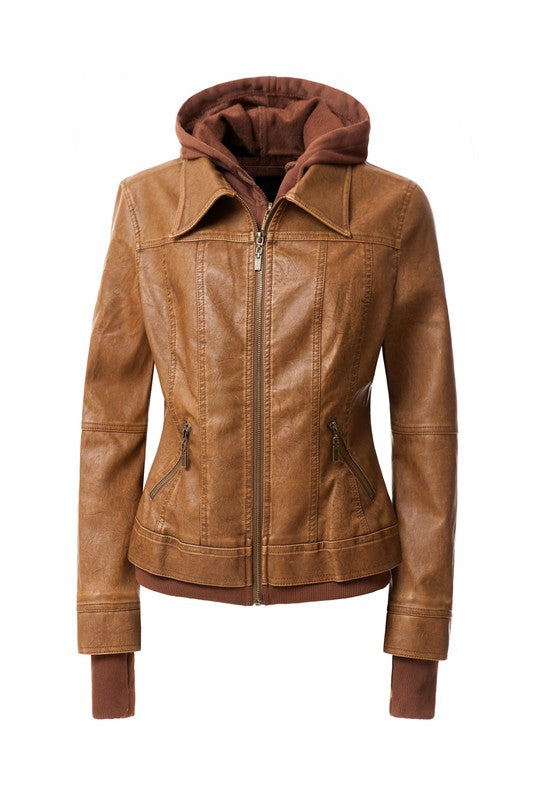 Women's Hood PU Leather Jacket Annva USA