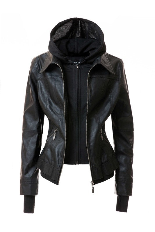 Women's Hood PU Leather Jacket Annva USA