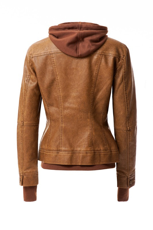 Women's Hood PU Leather Jacket Annva USA