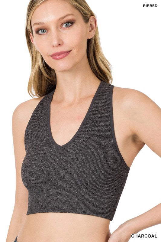 Zenana Sporty Ribbed Cropped Racerback V-Neck Sleeveless Tank Top