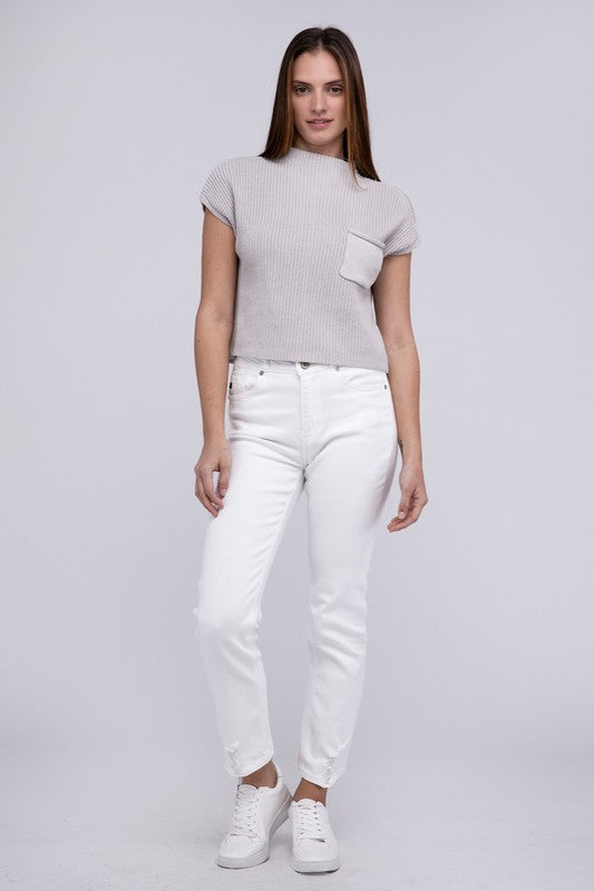 Mock Neck Short Sleeve Cropped Sweater ZENANA