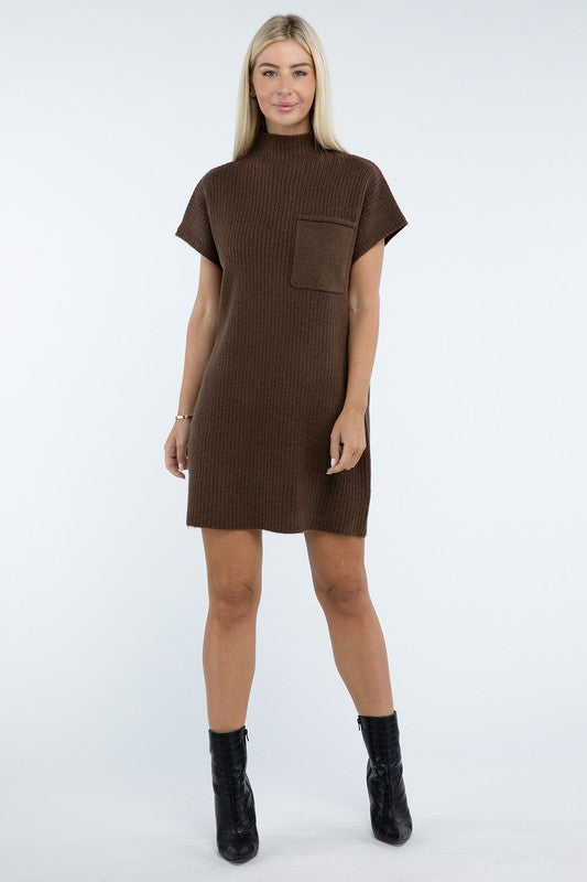 Mock Neck Short Sleeve Sweater Dress with Pocket ZENANA