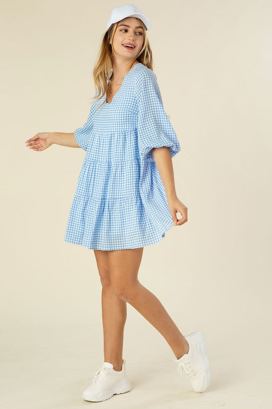 Lilou Gingham Checked Tiered Puff 3/4 Sleeves V-Neck Mini Dress