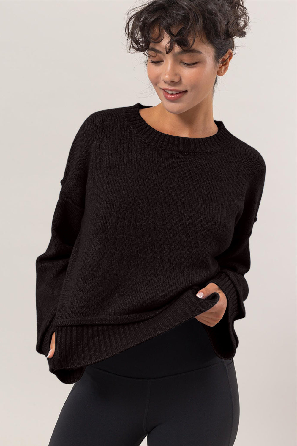 HYFVE Round Neck Dropped Shoulder Ribbed Sweater Trendsi