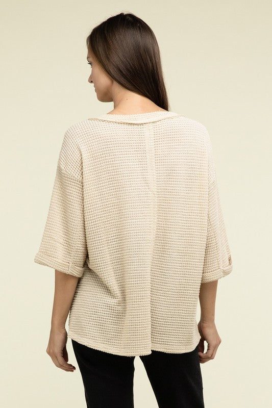 Zenana Brushed Waffle Exposed-Seam 3/4 Sleeve Top