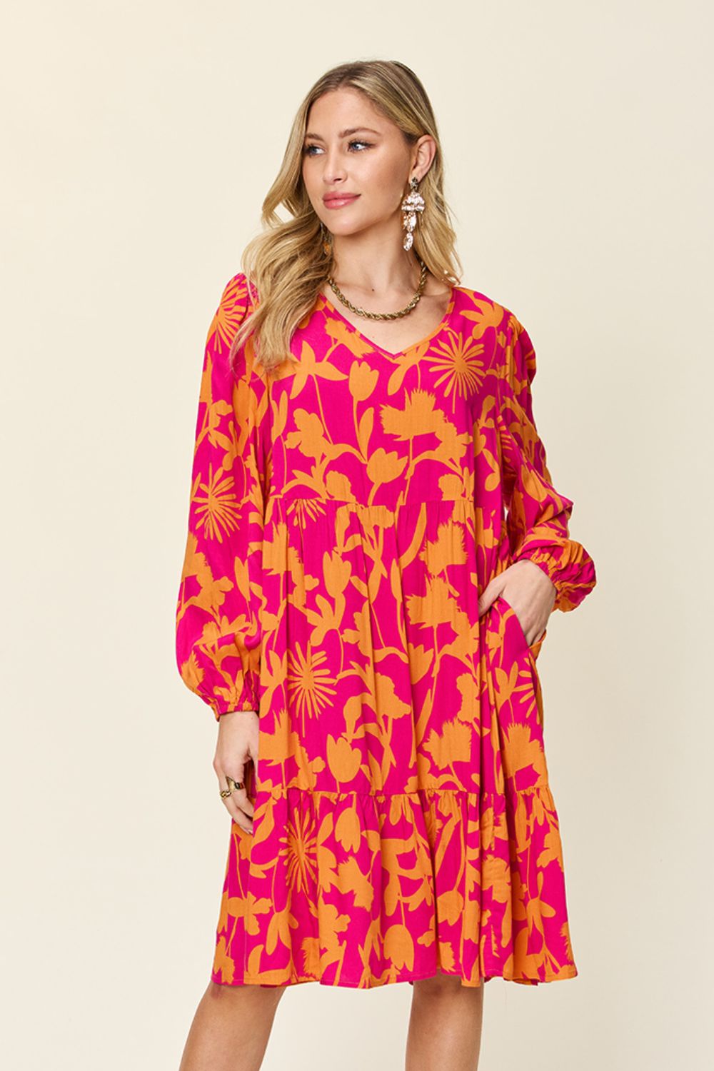 Double Take Full Size Printed Ruffle Hem Long Sleeve Midi Dress Double Take