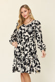 Double Take Full Size Printed Ruffle Hem Long Sleeve Midi Dress Double Take