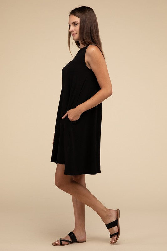 Zenana Sleeveless Flared Dress with Side Pockets ZENANA