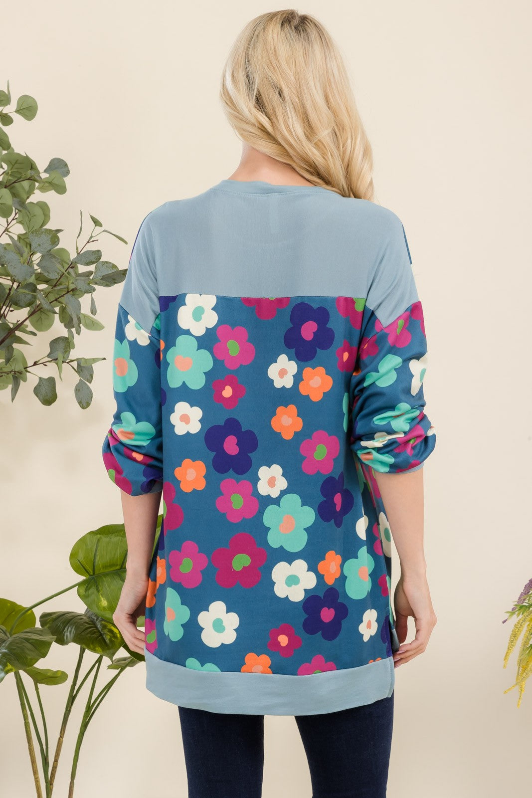 Celeste Full Size Side Slit Flower Print Long Sleeve Top Trendsi