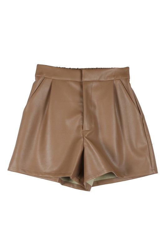 Lilou Chic Vegan Leather Wide Elastic Waist Shorts