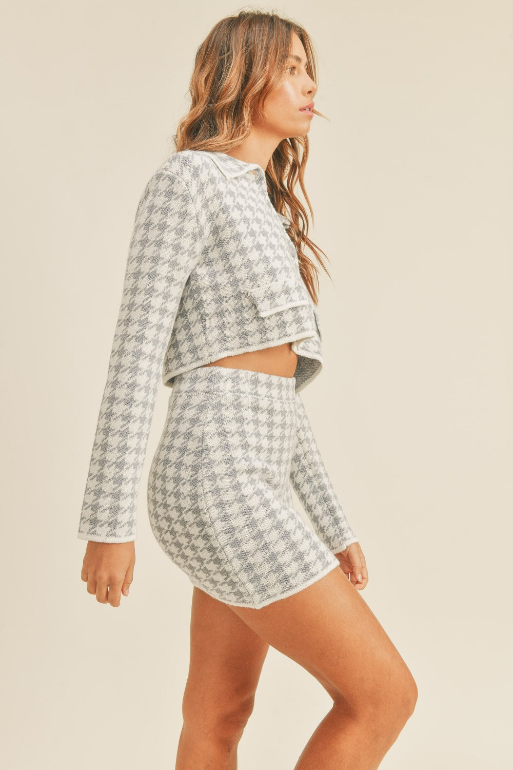 MABLE Houndstooth Cropped Knit Cardigan and Mini Skirt Set Trendsi