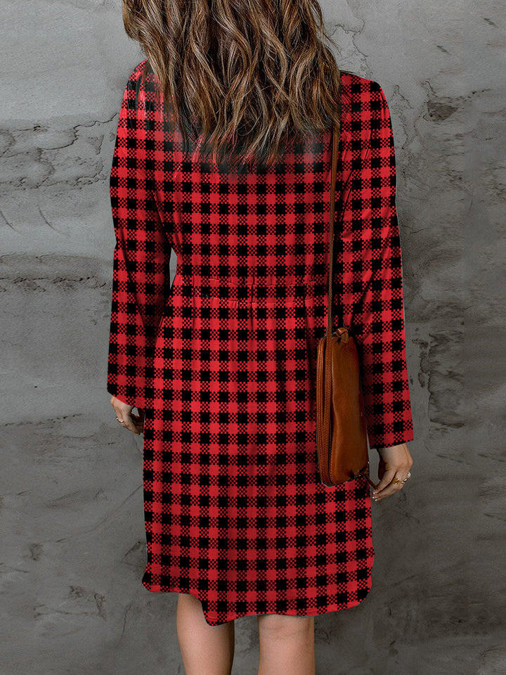 Double Take Full Size Plaid Round Neck Long Sleeve Magic Dress Trendsi