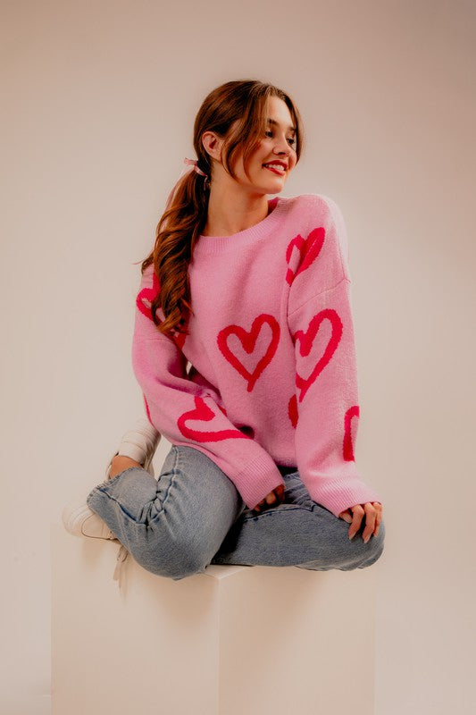 Long Sleeve Round Neck Heart Printed Sweater LE LIS