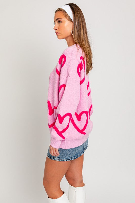 Long Sleeve Round Neck Heart Printed Sweater LE LIS