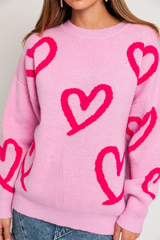 Long Sleeve Round Neck Heart Printed Sweater LE LIS