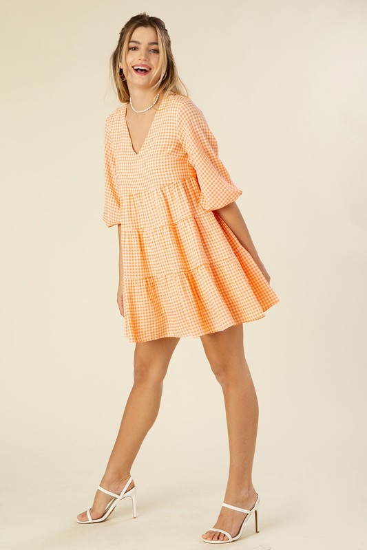 Lilou Gingham Checked Tiered Puff 3/4 Sleeves V-Neck Mini Dress