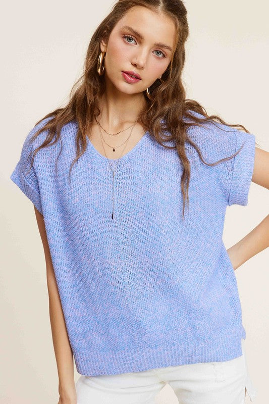 Soft Lightweight V-Neck Short Sleeve Sweater Top La Miel