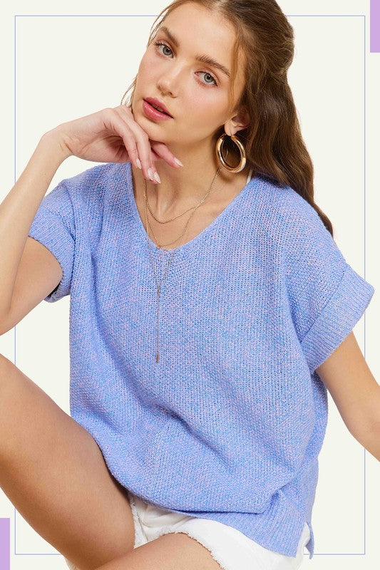 Soft Lightweight V-Neck Short Sleeve Sweater Top La Miel