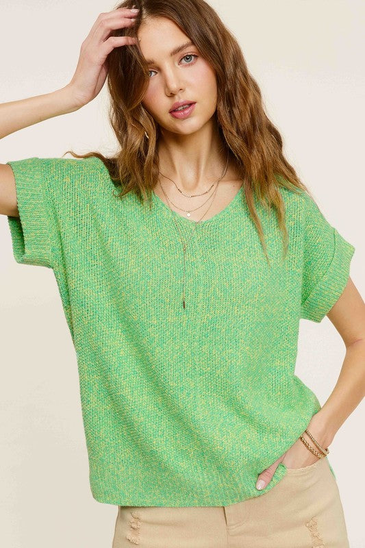 Soft Lightweight V-Neck Short Sleeve Sweater Top La Miel