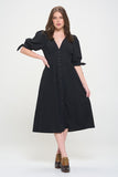 Jade By Jane 3/4 Puff Sleeves Texture V-Neck Button Down Midi Dress Jade By Jane