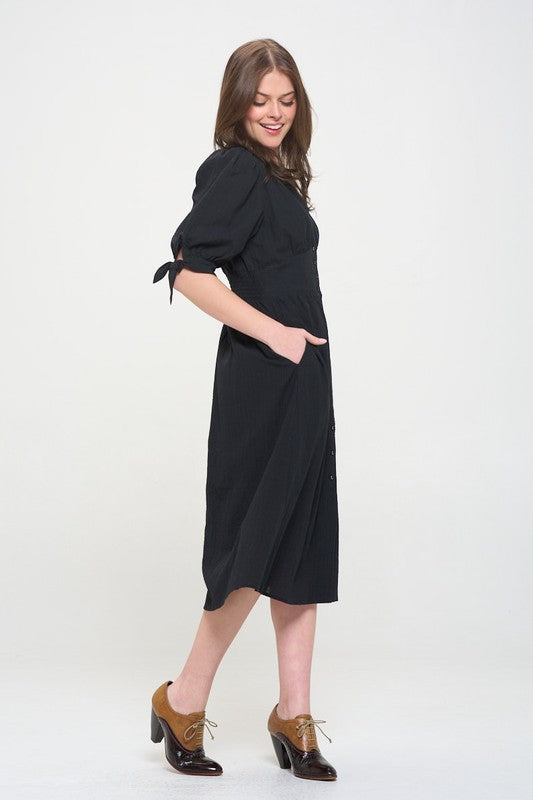 Jade By Jane 3/4 Puff Sleeves Texture V-Neck Button Down Midi Dress Jade By Jane