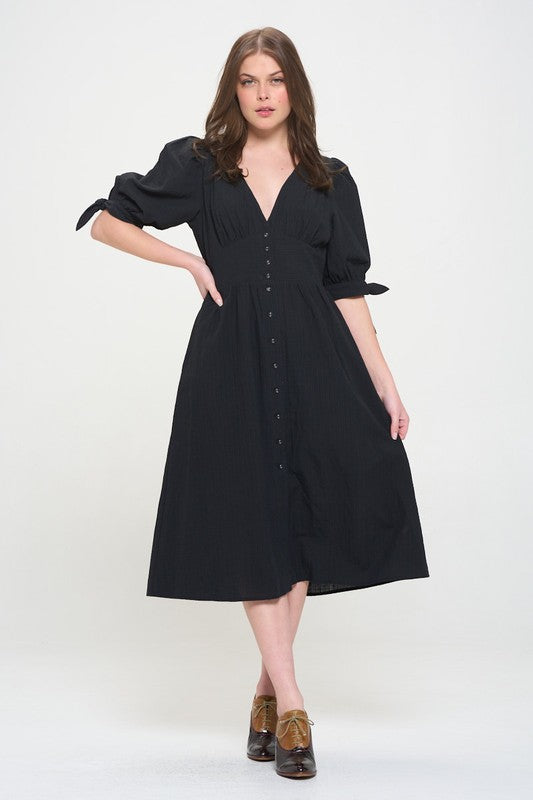 Jade By Jane Plus 3/4 Puff Sleeves Textured Button Down V-Neck Midi Dress Jade By Jane