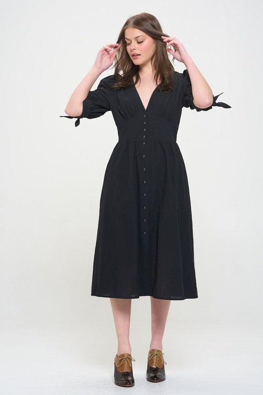 Jade By Jane 3/4 Puff Sleeves Texture V-Neck Button Down Midi Dress Jade By Jane