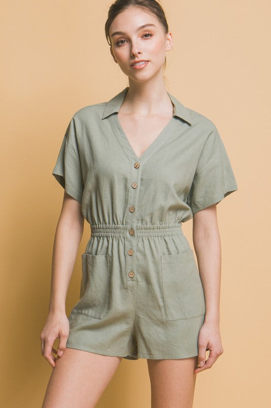 Linen Button Down Romper Love Tree