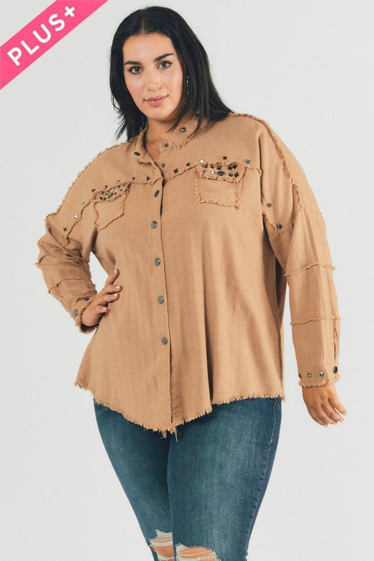 Plus Distressed hem button down oversize shirt Davi & Dani