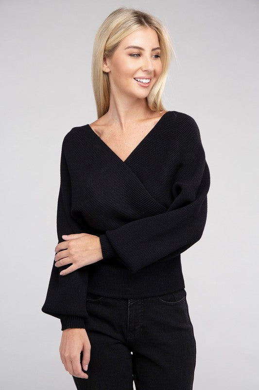 Zenana Viscose Cross Wrap V-Neck Pullover Sweater