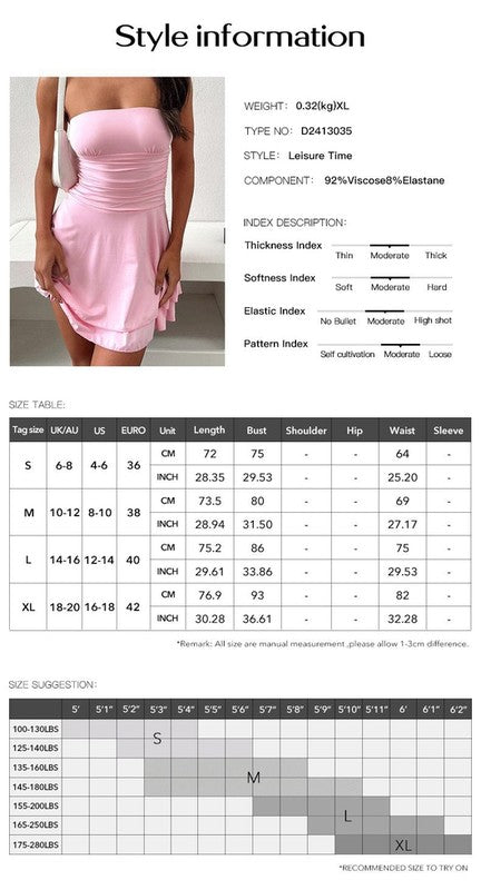 YNIQUE Women's Strapless  Sleeveless A-Line Tube Mini Dress Size Chart