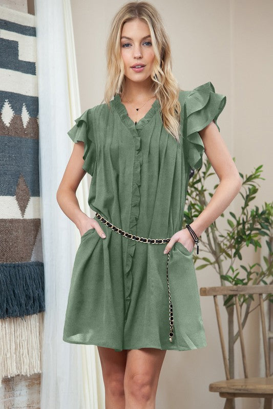 Ruffle Sleeve V neck Green, Black dress w/ pocket By EG fashion