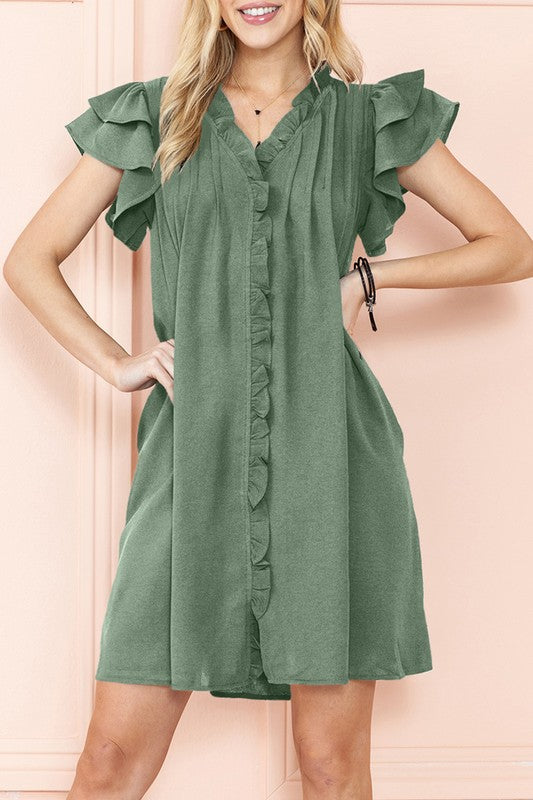 Ruffle Sleeve V neck Green, Black dress w/ pocket By EG fashion