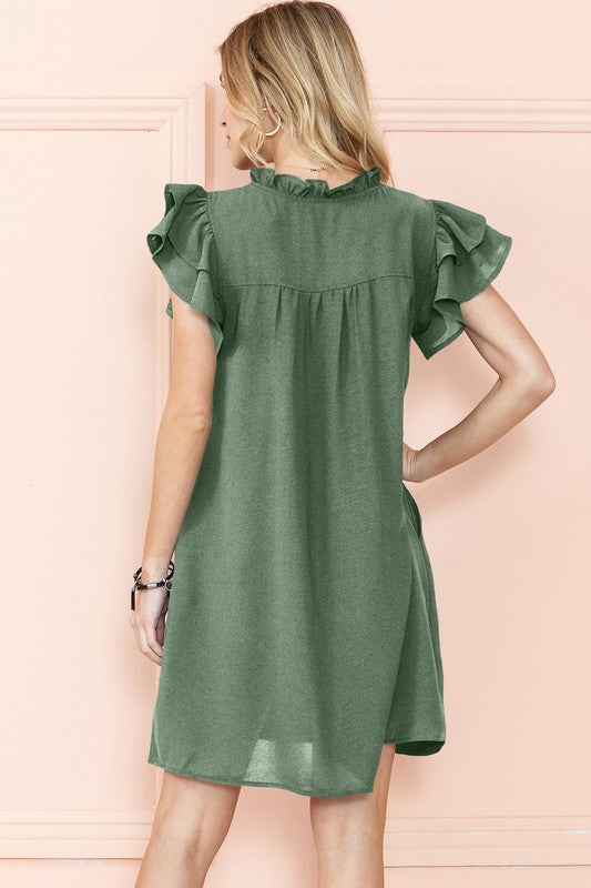 Ruffle Sleeve V neck Green, Black dress w/ pocket By EG fashion