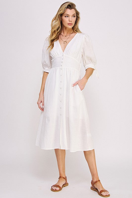 Jade By Jane 3/4 Puff Sleeves Texture V-Neck Button Down Midi Dress Jade By Jane